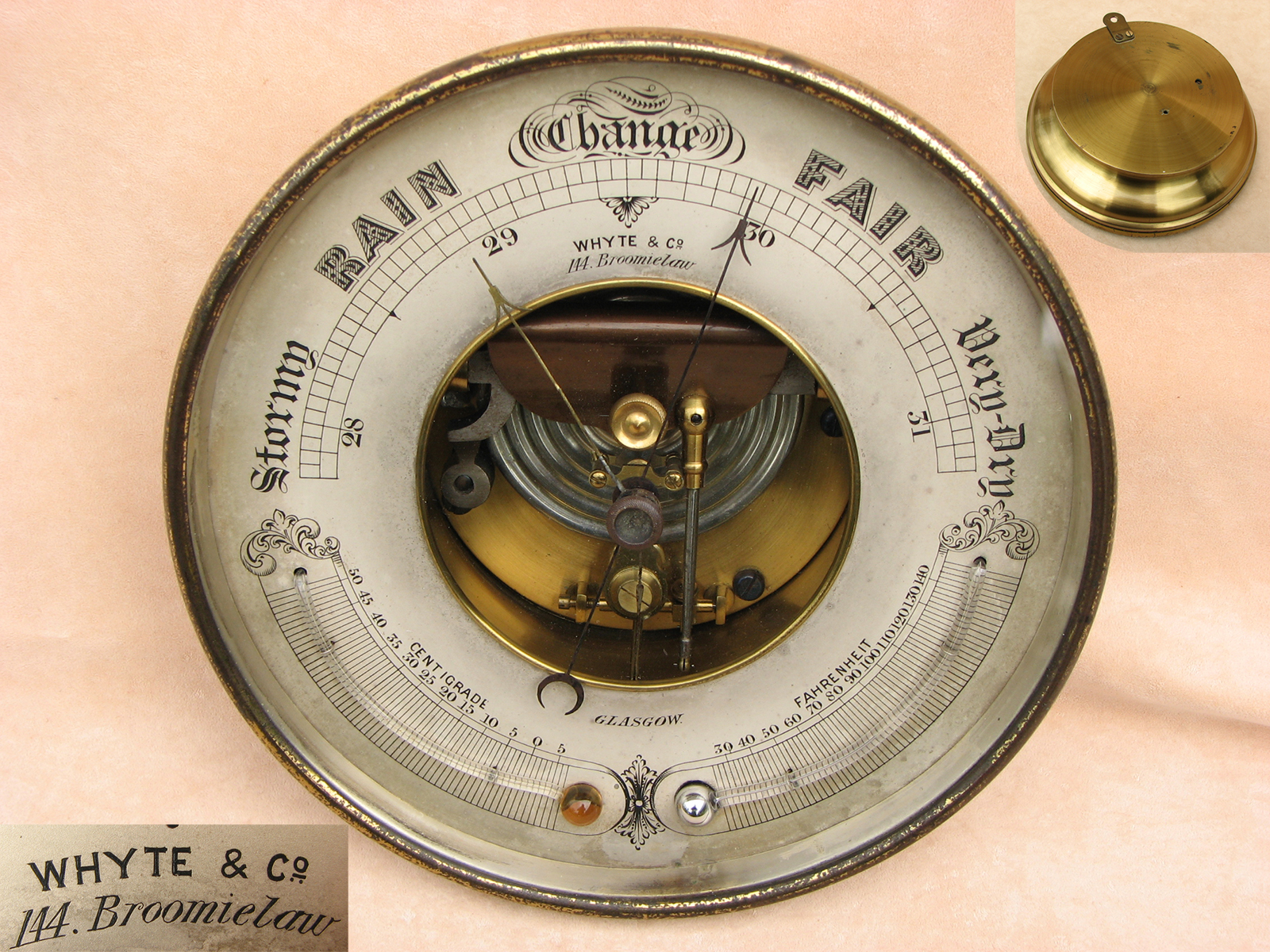 Antique ships barometer with twin thermometers signed Whyte & Co, Glasgow